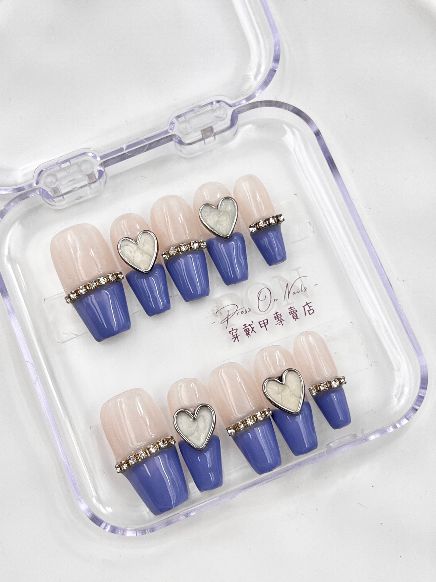 P205 愛心水鑽法式穿戴甲 純手工穿戴甲