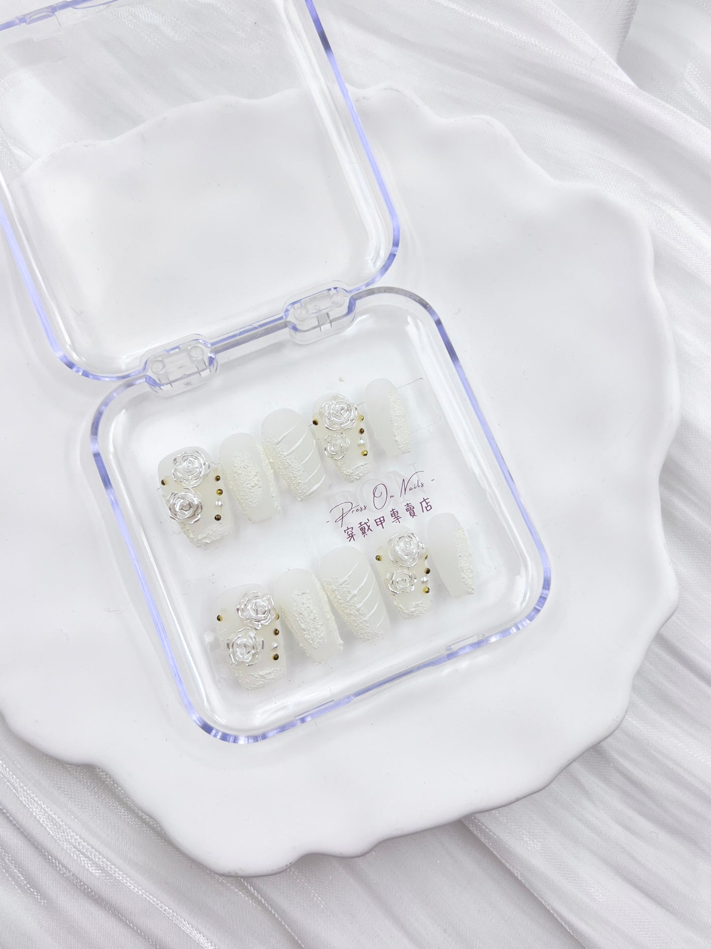 白油畫法式立體玫瑰 穿戴甲