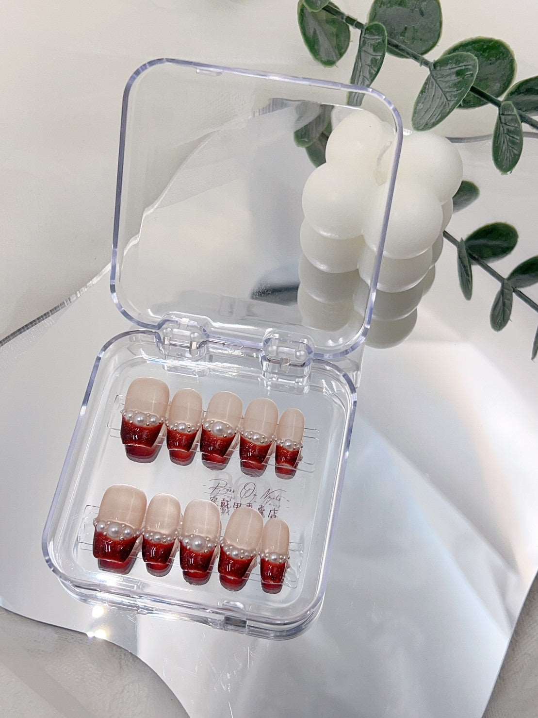 M0555 小香珍珠紅法式 純手工穿戴甲