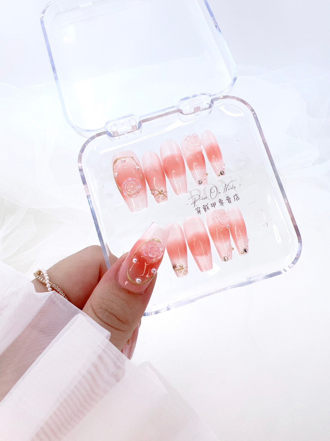 P157 橘粉立體山茶花穿戴甲 長梯穿戴甲