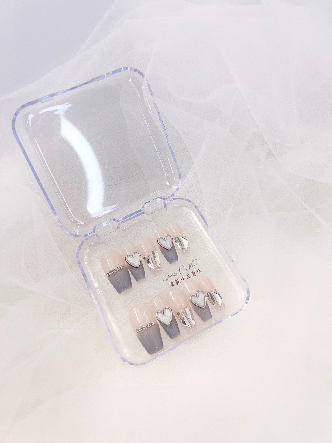 P408 灰藍愛心法式穿戴甲 長梯穿戴甲