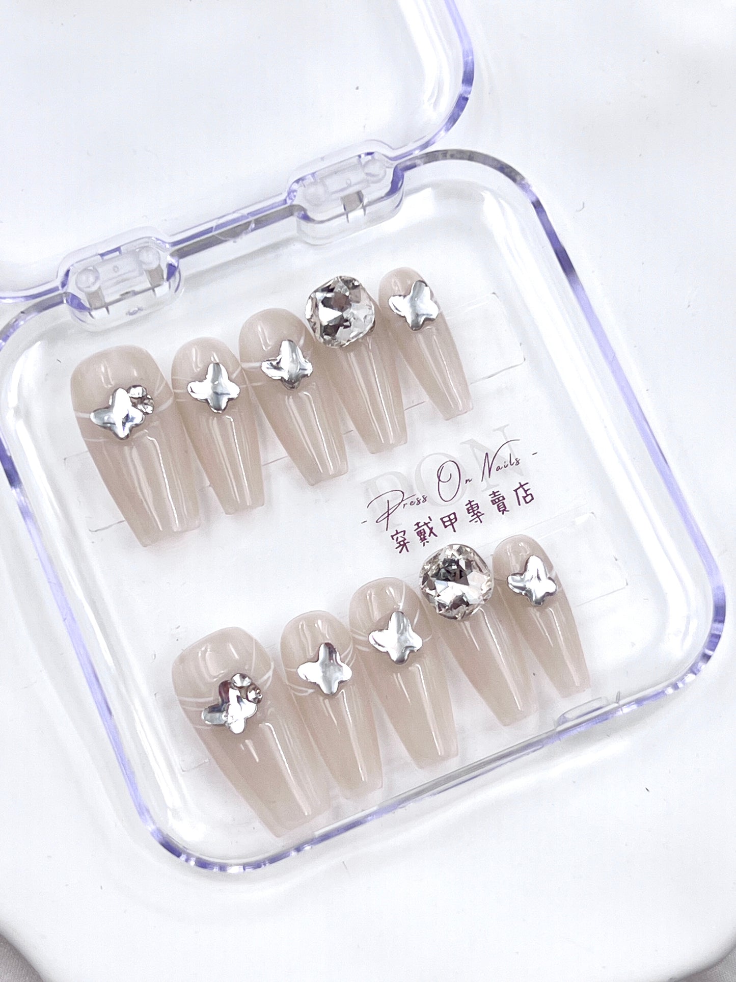 P51 Nude apricot white string butterfly handmade press on nails