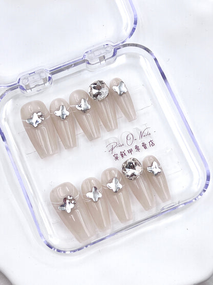 P51 Nude apricot white string butterfly handmade press on nails