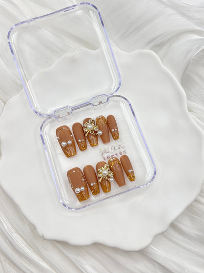 P316 Apricot Brown Pearl Pendant  Handmade press on nails