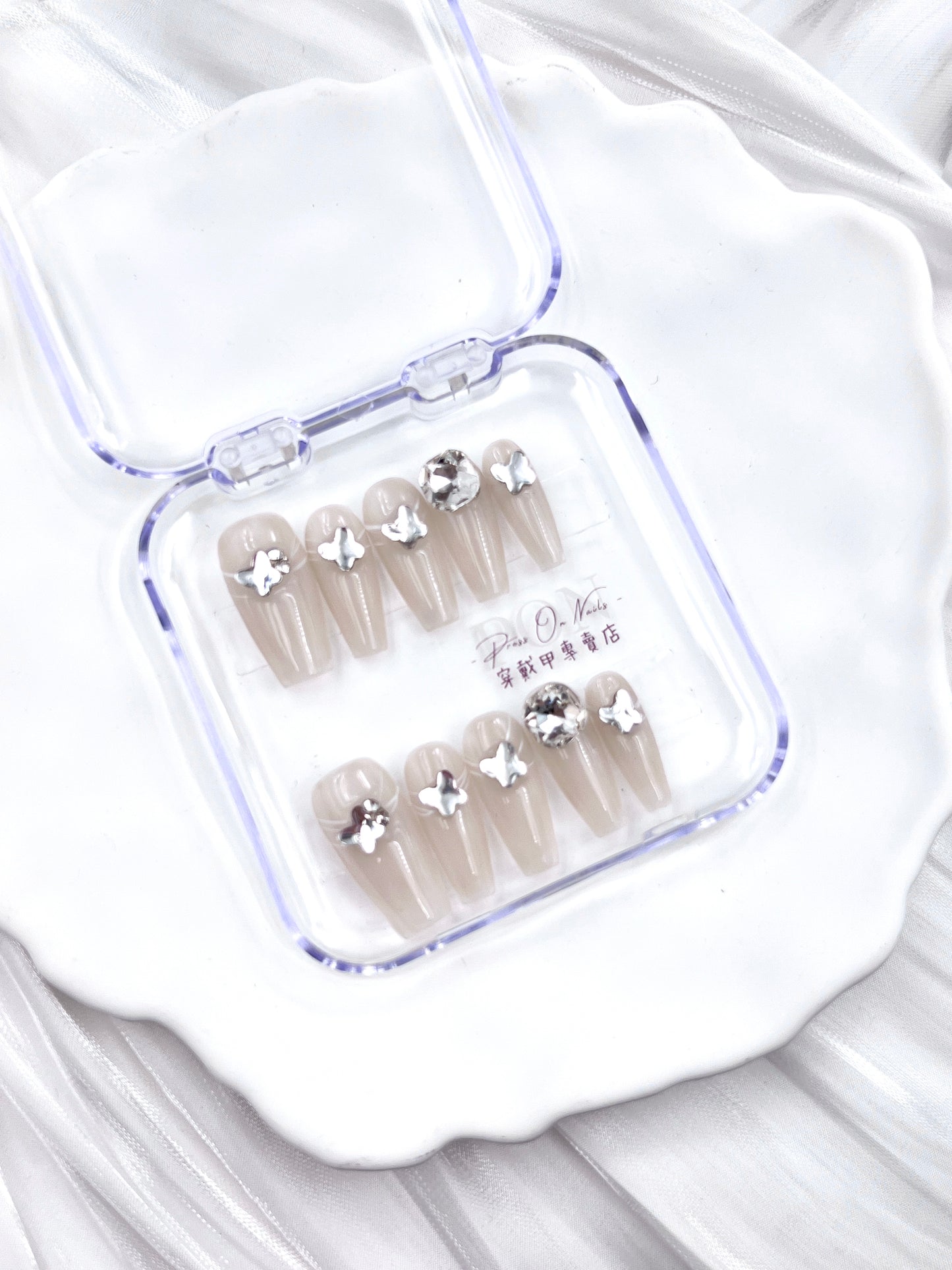 P51 Nude apricot white string butterfly handmade press on nails