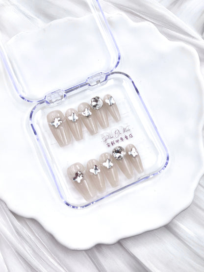 P51 Nude apricot white string butterfly handmade press on nails