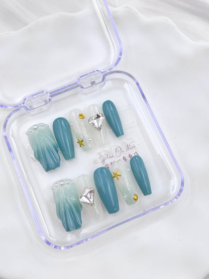Blue, green, nude and white three-dimensional mermaid shell-handmade wearable armor