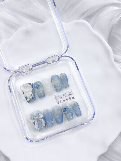 P460 matte aqua oil painting angel armor pure handmade  press on nails