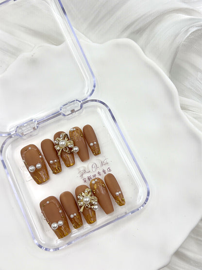 P316 Apricot Brown Pearl Pendant  Handmade press on nails
