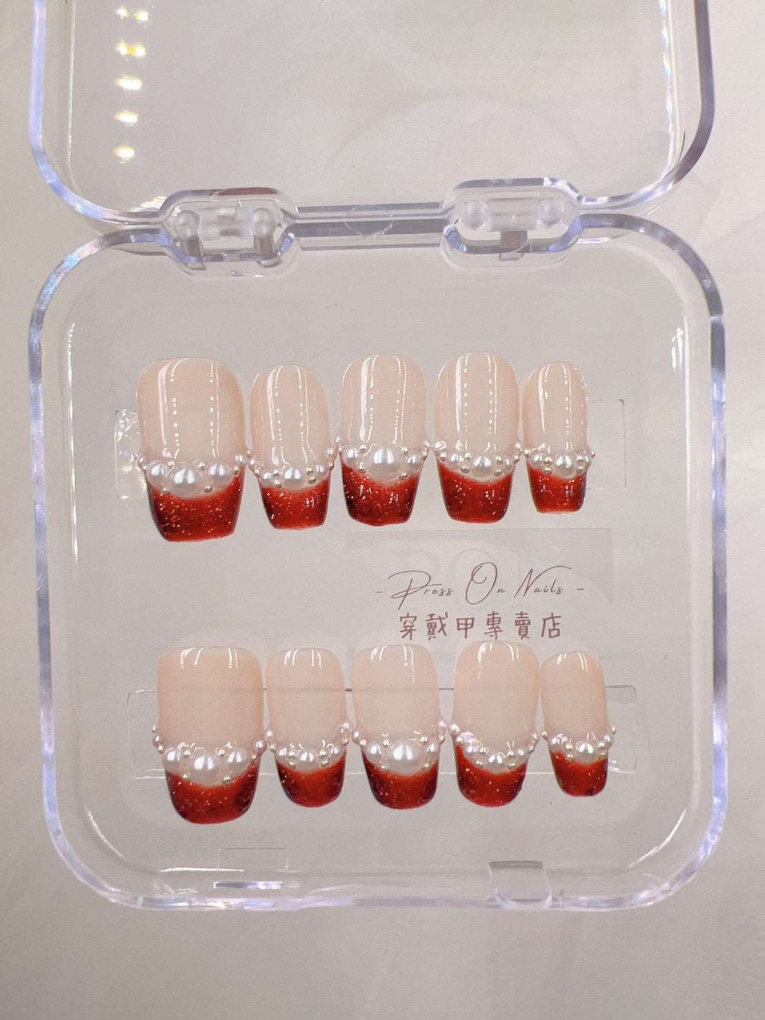 Ｍ0555 小香珍珠紅法式 純手工穿戴甲