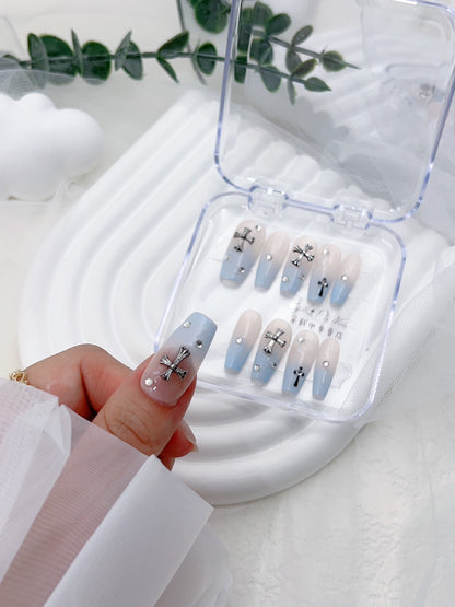 P294 Aqua Blue Gradient Cross press on nails Purely Handmade press on nails