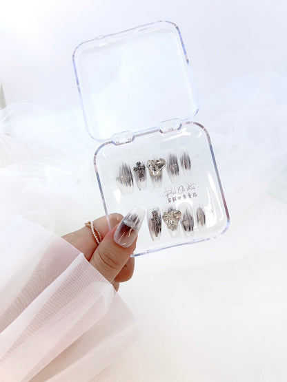 P512 Transparent white brushed black cross love diamond long ladder press on nails