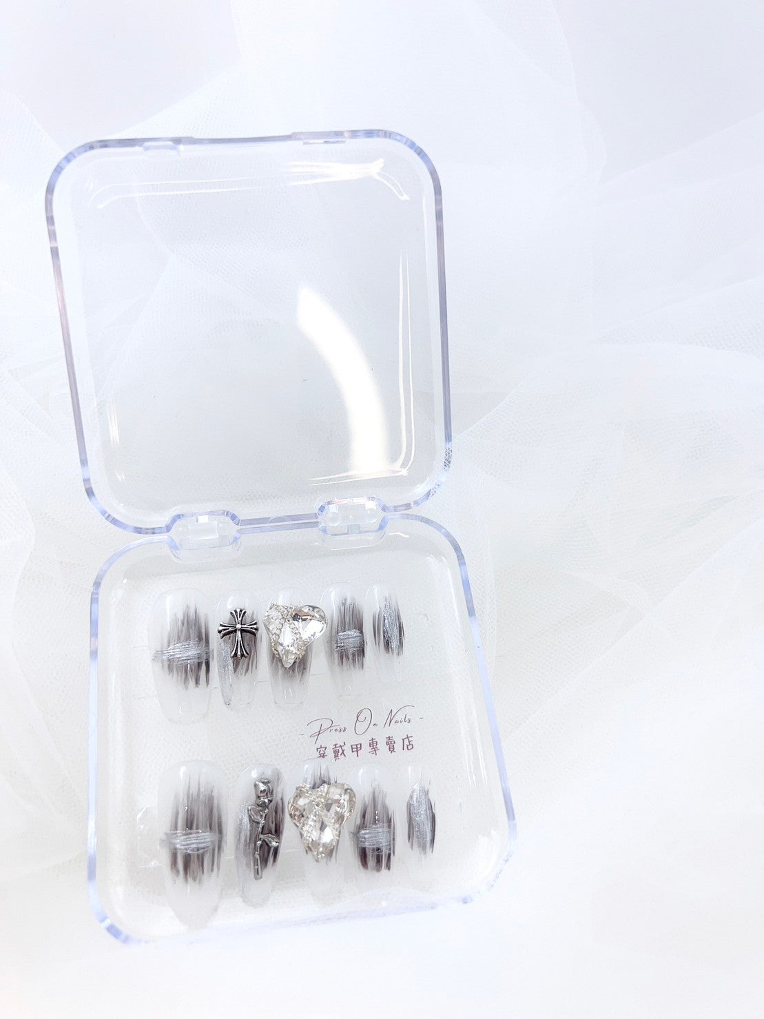 P512 Transparent white brushed black cross love diamond long ladder press on nails
