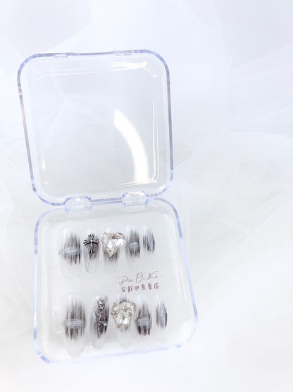 P512 Transparent white brushed black cross love diamond long ladder press on nails