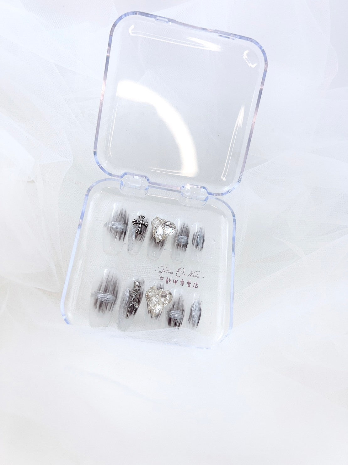 P512 Transparent white brushed black cross love diamond long ladder press on nails