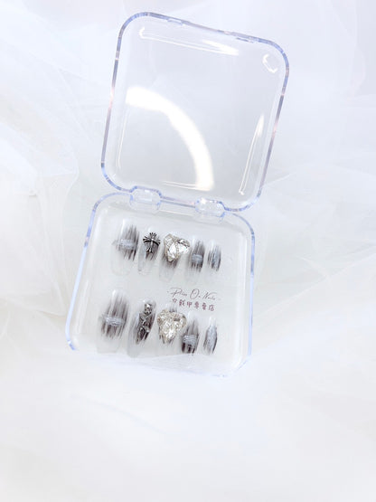 P512 Transparent white brushed black cross love diamond long ladder press on nails